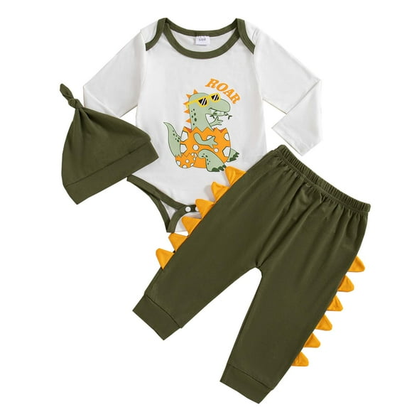 KIMI BEAR Newborn Baby Boys Winter Clothes Set 3-6 Months Casual Outfits Long Sleeves Dinosaur Print Romper Top Color Block Pants Sets with Hat 3pcs Warm Clothing Green