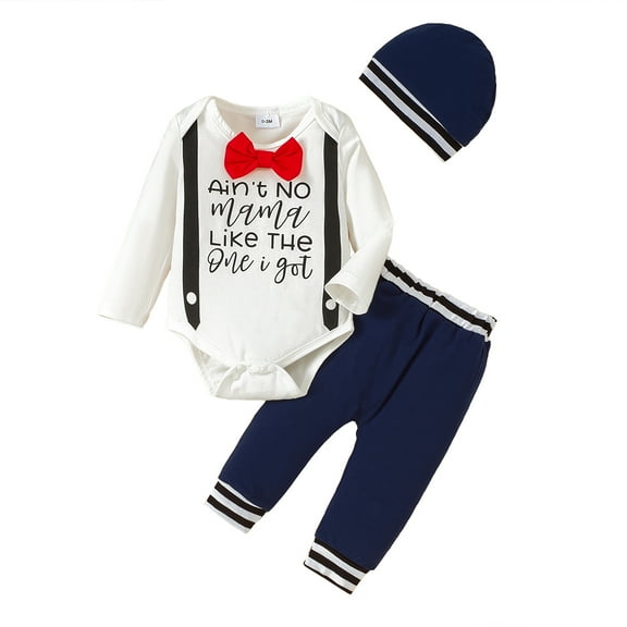 KIMI BEAR Newborn Baby Boys Winter Outfits 3-6 Months Baby Boys Winter Pant Sets Long Sleeves Romper Bow Letter Romper Top   Pants   Hat 3pcs Sets White
