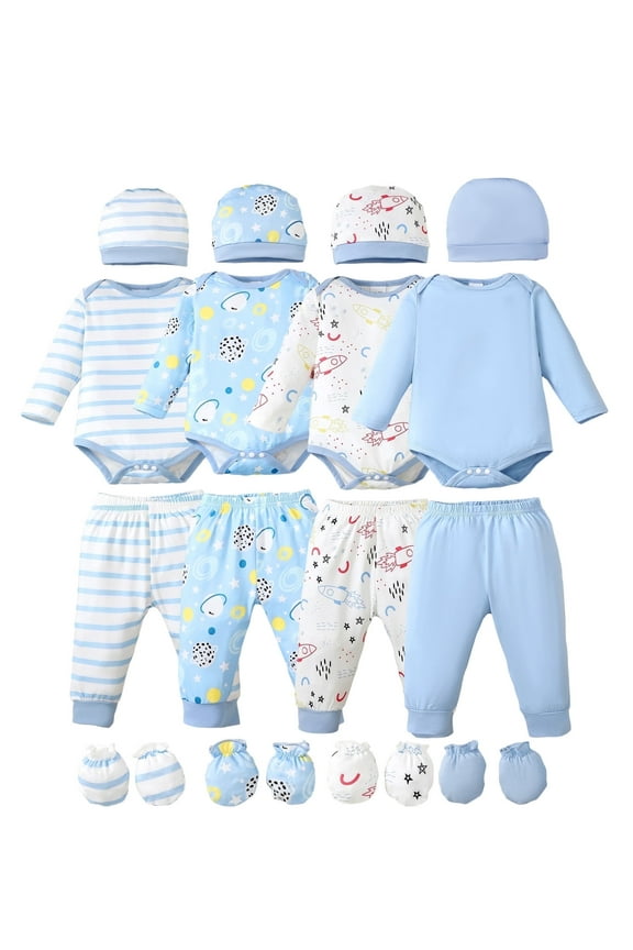 Newborn Baby Boys layette set 0-3 Months Romper Pants Set Hat 4-Pack Outfits Long Sleeves Top Gloves 16pcs Winter Clothes Baby Shower Gifts Blue