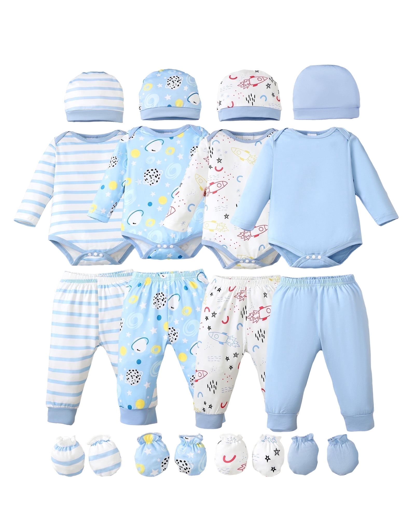 KIMI BEAR Newborn Baby Boys layette set 3-6 Months Romper Pants Set Hat 4-Pack Outfits Long Sleeves Top Gloves 16pcs Winter Clothes Baby Shower Gifts Blue
