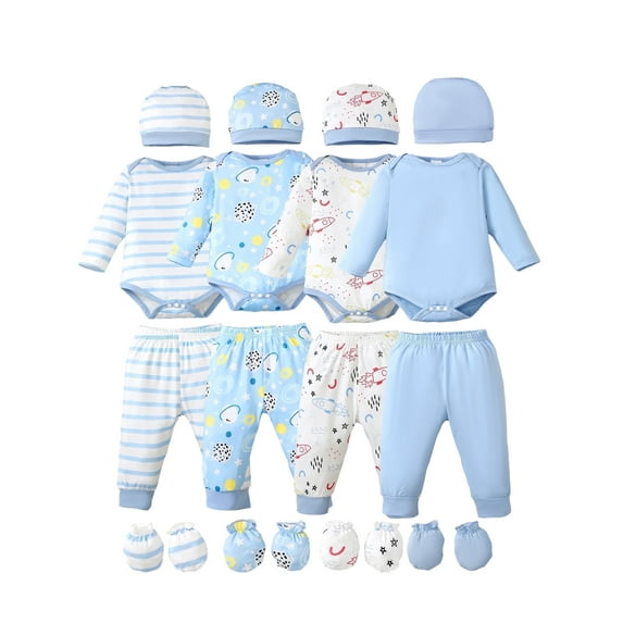 KIMI BEAR Newborn Baby Boys layette set Romper Pants Set Hat 4-Pack Outfits Long Sleeves Top Gloves 16pcs Winter Clothes Baby Shower Gifts Blue NB