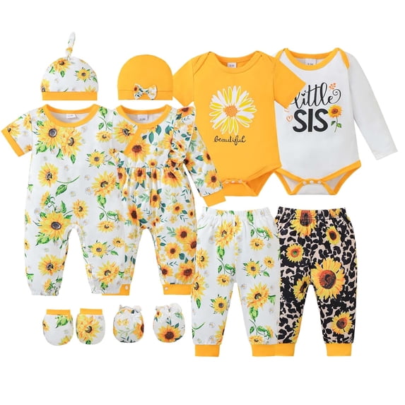 KIMI BEAR Newborn Baby Girl Layette Set 0-3 Months Shower Gift Sets 4 Packs Romper Pants Sets Long Sleeves Short Sleeves Floral Bodysuit with Hat Gloves 10pcs Yellow