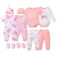 thumbnail image 1 of KIMI BEAR Newborn Baby Girl Layette Set 3-6 Months Shower Gift Sets 4 Packs Romper Pants Sets Long Sleeves Short Sleeves Bowknot Bodysuit with Hat Gloves 10pcs Pink, 1 of 7
