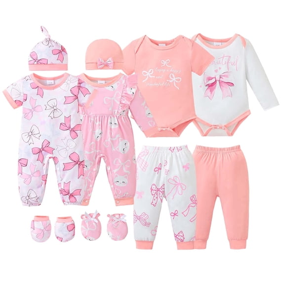 KIMI BEAR Newborn Baby Girl Layette Set 3-6 Months Shower Gift Sets 4 Packs Romper Pants Sets Long Sleeves Short Sleeves Bowknot Bodysuit with Hat Gloves 10pcs Pink