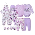 thumbnail image 1 of KIMI BEAR Newborn Baby Girl Layette Set Shower Gift Sets 4 Packs Romper Pants Sets Long Sleeves Short Sleeves Floral Bodysuit with Hat Gloves 10pcs Purple NB, 1 of 7