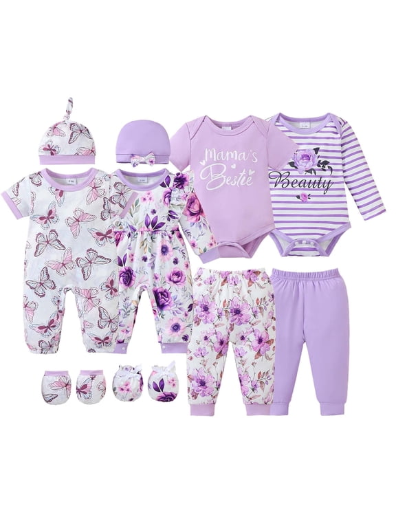 Newborn Baby Girl Layette Set Shower Gift Sets 4 Packs Romper Pants Sets Long Sleeves Short Sleeves Floral Bodysuit with Hat Gloves 10pcs Purple Preemie
