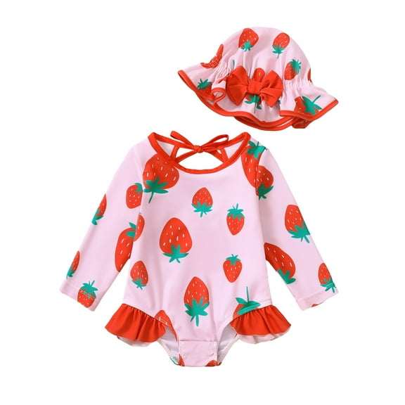 KIMI BEAR Newborn Baby Girl One-piece Swimsuit 6-12 Months Strawberry Print Long Sleeve Bathing Suit with Hat Rash Guard Swimsuit Red