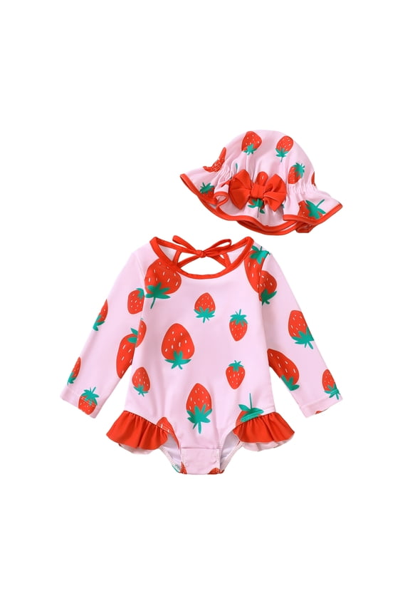 Newborn Baby Girl One-piece Swimsuit 6-12 Months Strawberry Print Long Sleeve Bathing Suit with Hat Rash Guard Swimsuit Red