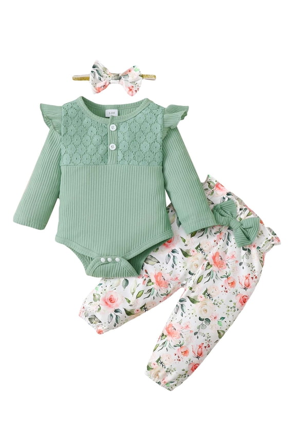 Newborn Baby Girl Outfits 9-12 Months Fall Winter Clothes Sets Flying Long Sleeve Romper Top Bowknot Floral Pants Headband 3pcs Sets Green