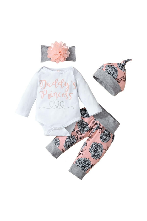 Newborn Baby Girl Outfits 9-12 Months Fall Winter Clothes Sets Letter Print Long Sleeves Romper Top Floral Pants Hat Headband 4PCS Pant Sets White