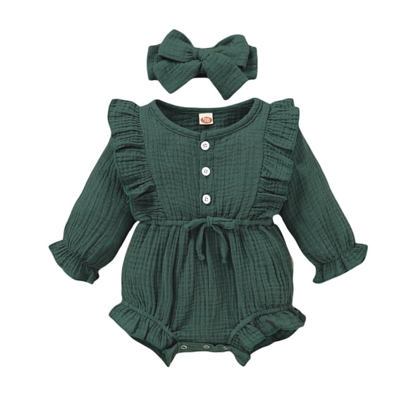 KIMI BEAR Newborn Baby Girl Romper 6-12 Months Fall Solid Color Long Sleeves Bodysuit with Headband 2pcs Baby Girl One-piece Green