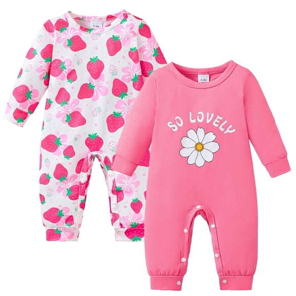 KIMI BEAR Newborn Baby Girl Romper Clothing 2 Packs Shower Gift Long Sleeves Floral Strawberry Bodysuit One-piece Jumpsuit 2pcs Clothes Pink NB