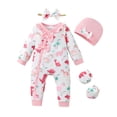 thumbnail image 1 of KIMI BEAR Newborn Baby Girl Romper Ruffle Long Sleeves Dinosaur Print One-piece Overalls Bodysuit Clothing with Hat Headband Gloves 4pcs Pink 3-6 Months, 1 of 5