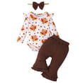 thumbnail image 1 of KIMI BEAR Newborn Baby Girl Thanksginving Day Outfit Set 6-12 Months Clothes Ruffle Long Sleeves Turkey Romper Top Flared Pants with Headband 3pcs Clothing Brown, 1 of 6