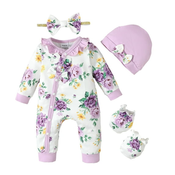 KIMI BEAR Newborn Baby Girls Bodysuit 0-3 Months Winter Warm Clothes Long Sleeves Romper Bowknot Floral Jumpsuit Button Bottom One-piece Overalls with Headband and Hat and Gloves 4pcs Purple