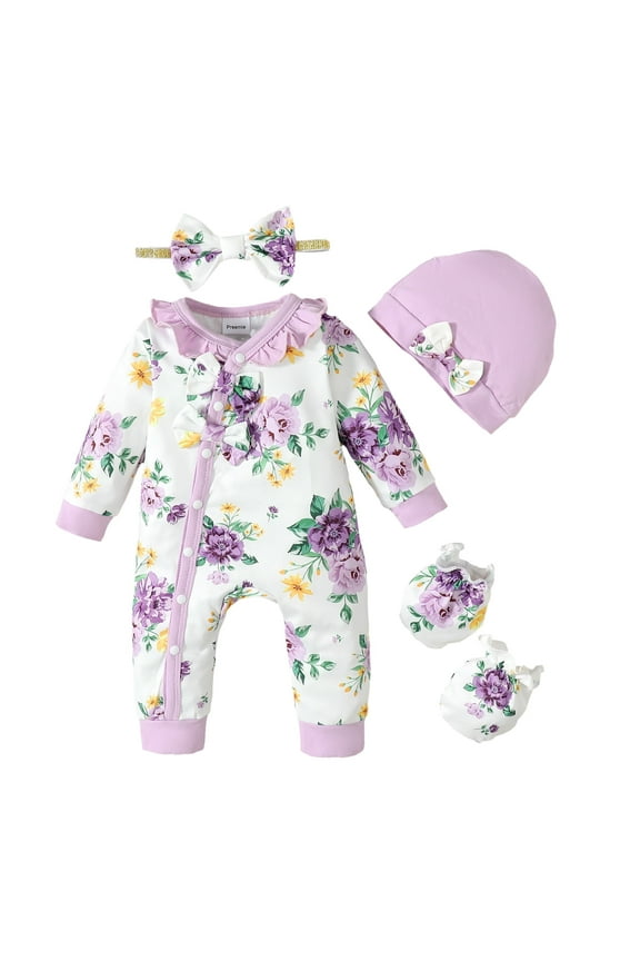 Newborn Baby Girls Bodysuit Winter Warm Clothes Long Sleeves Romper Bowknot Floral Jumpsuit Button Bottom One-piece Overalls with Headband and Hat and Gloves 4pcs Purple Preemie