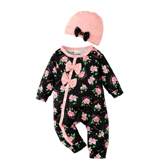 KIMI BEAR Newborn Baby Girls Bodysuits Long Sleeves Floral Rompers Baby Girls One-pieces with Hat 2pcs Multicolor 0-3 Months
