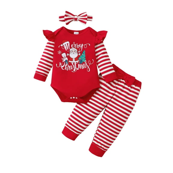KIMI BEAR Newborn Baby Girls Chrismas Outfit Set 0-3 Months Kid Girl Clothes Ruffle Long Sleeves Santa Claus Print Romper Letter Top Bowknot Stripped Pants with Headband 3pcs Clothing Red