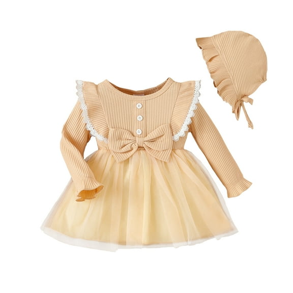 KIMI BEAR Newborn Baby Girls Dress 3-6 Months Ruffle Long Sleeves Dress Bowknot Knitted One-piece Dress Tulle Dress Princess Dress with Hat 2pcs Apricot