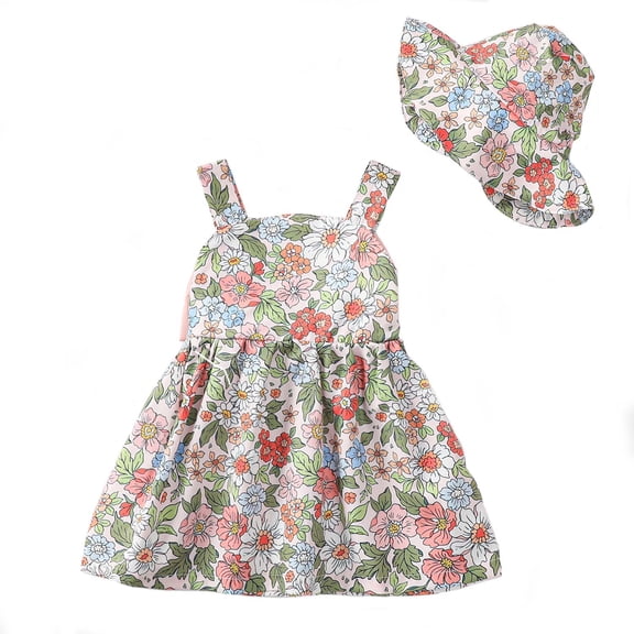KIMI BEAR Newborn Baby Girls Dress 3-6 Months Summer Clothes Sleeveless Off the Shoulder Floral Sundress Bow Backless Dress with Hat 2pcs Multicolor