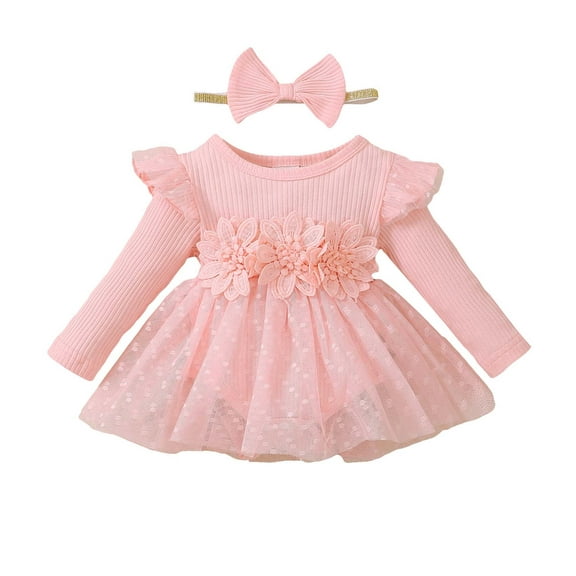 KIMI BEAR Newborn Baby Girls Dress Fall Winter Warm Clothes Solid Color Ruffle Long Sleeves Romper Dress Flower Front Tulle Princess Dress with Headband Pink NB