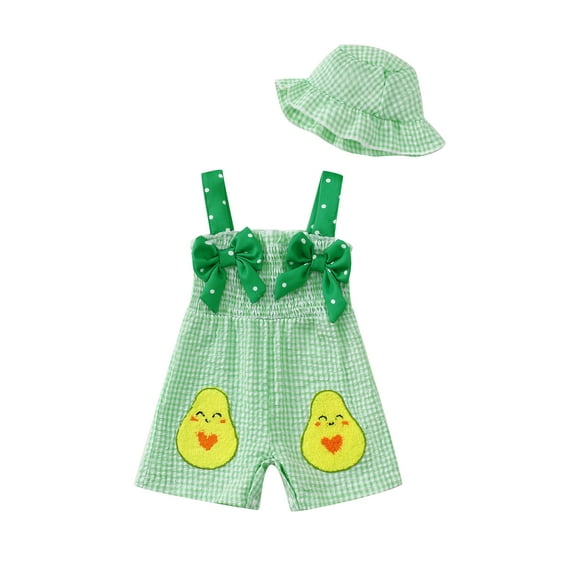 KIMI BEAR Newborn Baby Girls Jumpsuit 0-3 Months Summer Clothing Sleeveless Bows Ruched Avocado Print Overall Shorts Button Bottom Cute Halter One-piece Suspenders with Hat Green