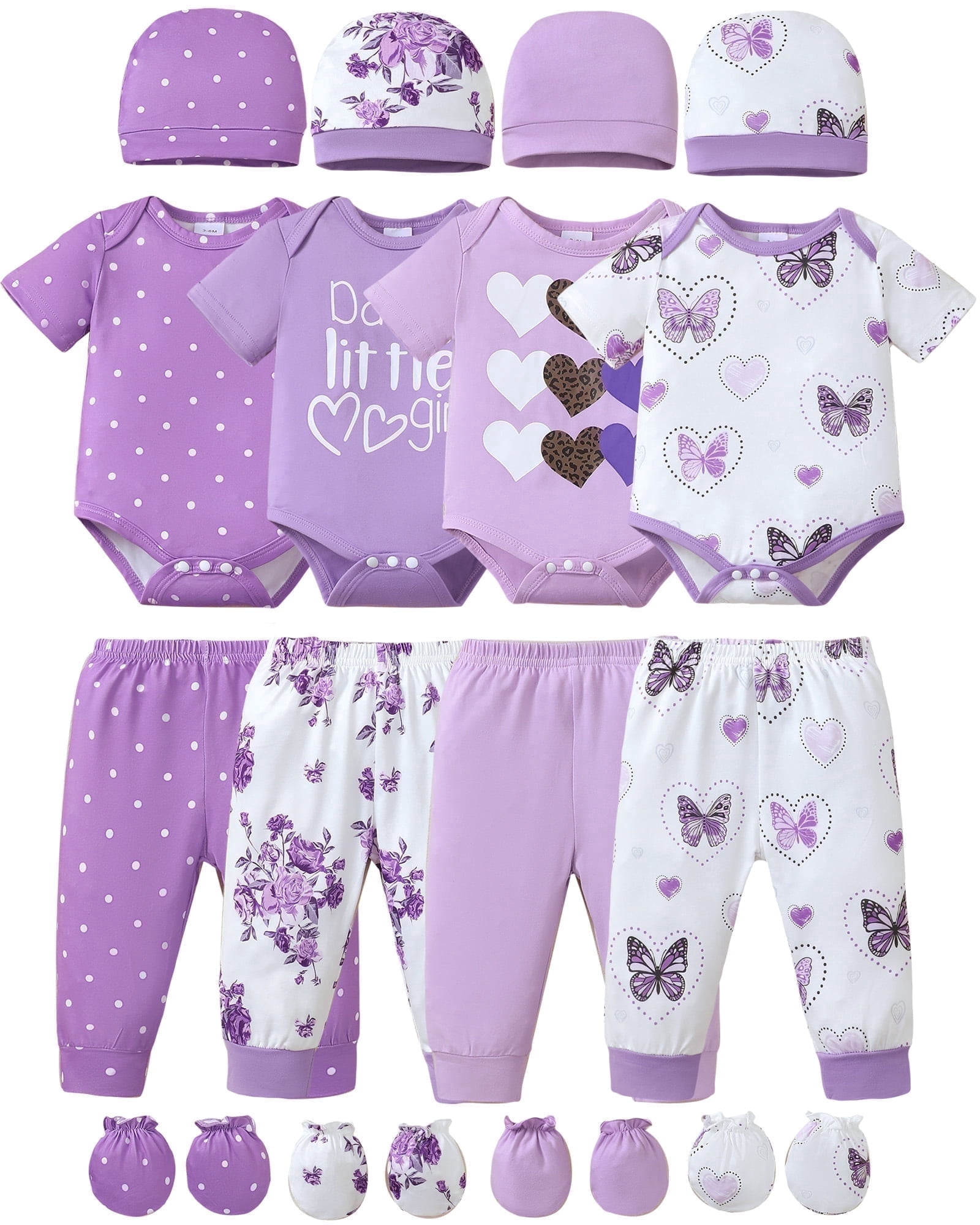 Kimi Bear Newborn Baby Girls Layette Essentials Set 3-6 Months Summer Clothes 4 Packs Short Sleeves Romper Tops Pants Sets with Hats and Gloves 16pcs Girl Gifts Purple