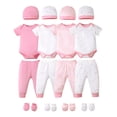 thumbnail image 1 of KIMI BEAR Newborn Baby Girls Layette Essentials Set 6-9 Months Summer Clothes 4 Packs Short Sleeves Romper Tops Pants Sets with Hats and Mittens 16pcs Girl Gifts Pink, 1 of 9
