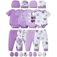 thumbnail image 1 of KIMI BEAR Newborn Baby Girls Layette Essentials Set 9-12 Months Summer Clothes 4 Packs Short Sleeves Romper Tops Pants Sets with Hats and Gloves 16pcs Girl Gifts Purple, 1 of 9