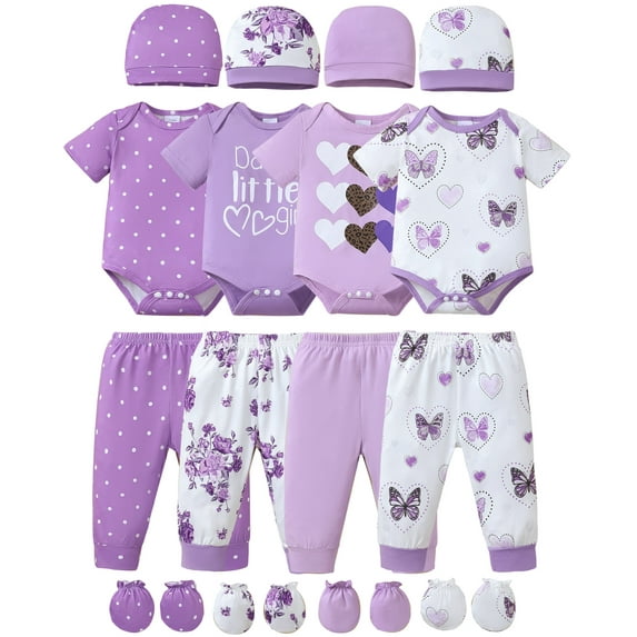 KIMI BEAR Newborn Baby Girls Layette Essentials Set 9-12 Months Summer Clothes 4 Packs Short Sleeves Romper Tops Pants Sets with Hats and Gloves 16pcs Girl Gifts Purple