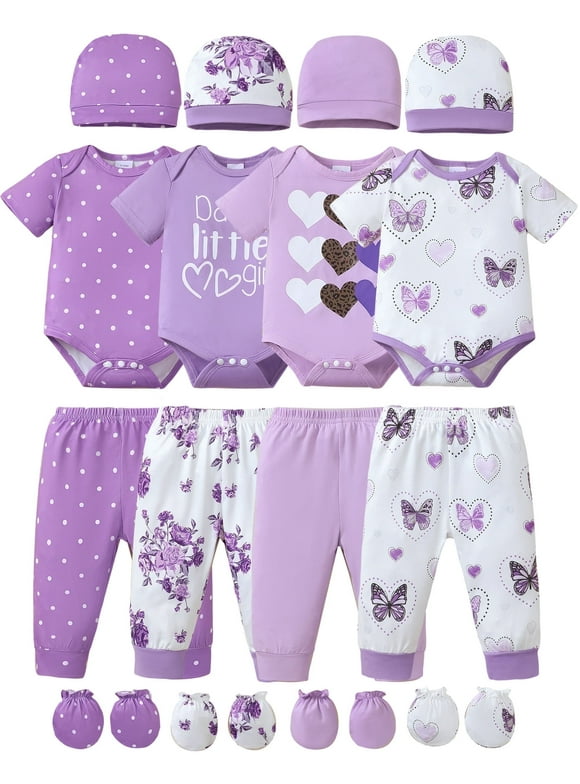 Newborn Baby Girls Layette Essentials Set Summer Clothes 4 Packs Short Sleeves Romper Tops Pants Sets with Hats and Gloves 16pcs Girl Gifts Purple NB