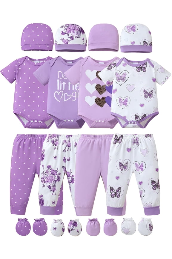 Newborn Baby Girls Layette Essentials Set Summer Clothes 4 Packs Short Sleeves Romper Tops Pants Sets with Hats and Gloves 16pcs Girl Gifts Purple NB