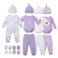 thumbnail image 1 of KIMI BEAR Newborn Baby Girls Layette Set 4 Packs 0-3 Months Shower Gifts Essential Clothing Short Sleeves Long Sleeves Romper Top Pants and Bodysuit with Hats and Gloves 15pcs Clothes Purple, 1 of 9