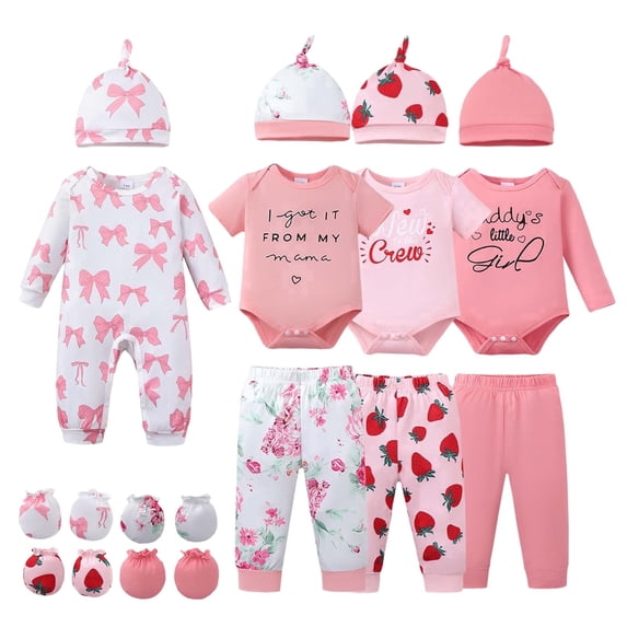 KIMI BEAR Newborn Baby Girls Layette Set 4 Packs 0-3 Months Shower Gifts Essential Clothing Short Sleeves Long Sleeves Romper Top Pants and Bodysuit with Hats and Gloves 15pcs Clothes Pink