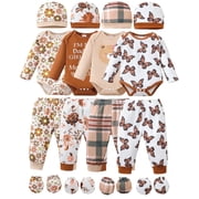 KIMI BEAR Newborn Baby Girls Layette Set 4 Packs 0-3 Months Winter Clothes Outfits Long Sleeves Romper Top Pants Mittens Hats 16 Piece Essentials Accessories Clothing Gift Sets Brown