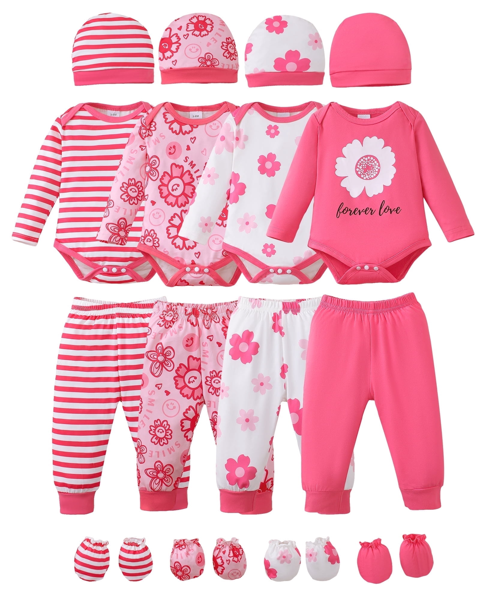 KIMI BEAR Newborn Baby Girls Layette Set 4 Packs 0-3 Months Winter Clothes Outfits Long Sleeves Romper Top Pants Gloves Hats 16 Piece Essentials Accessories Clothing Gift Sets Pink
