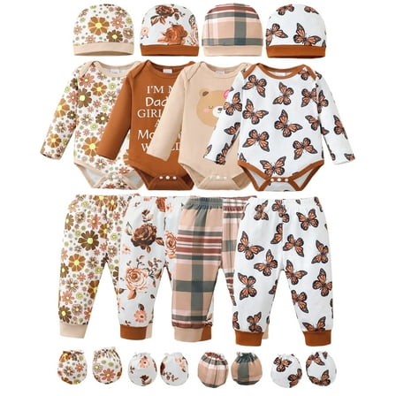 KIMI BEAR Newborn Baby Girls Layette Set 4 Packs 0-3 Months Winter Clothes Outfits Long Sleeves Romper Top Pants Gloves Hats 16 Piece Essentials Accessories Clothing Gift Sets Brown