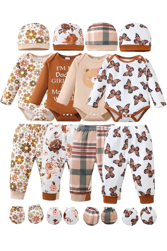 Newborn Baby Girls Layette Set 4 Packs 0-3 Months Winter Clothes Outfits Long Sleeves Romper Top Pants Gloves Hats 16 Piece Essentials Accessories Clothing Gift Sets Brown