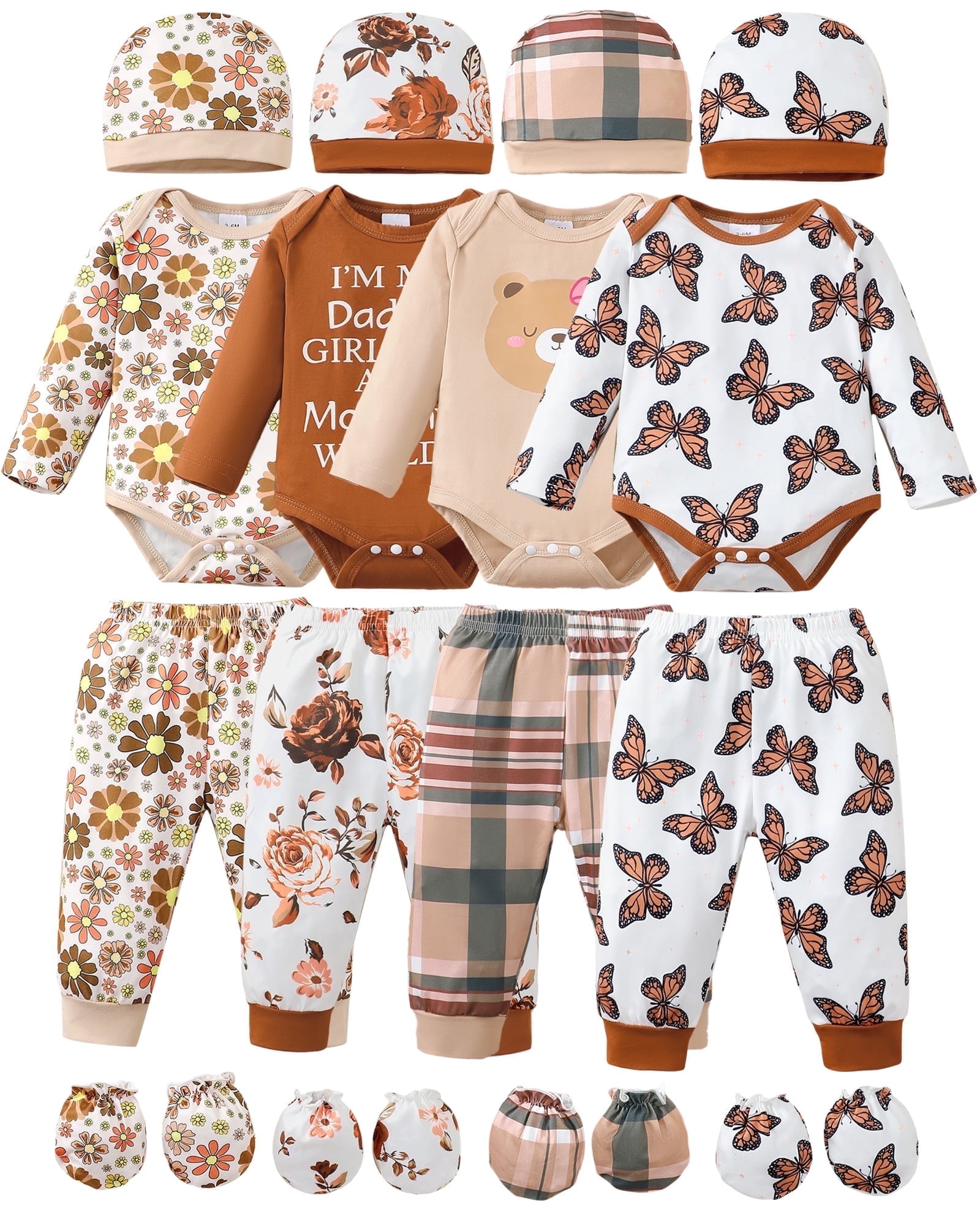 KIMI BEAR Newborn Baby Girls Layette Set 4 Packs 0-3 Months Winter Clothes Outfits Long Sleeves Romper Top Pants Gloves Hats 16 Piece Essentials Accessories Clothing Gift Sets Brown