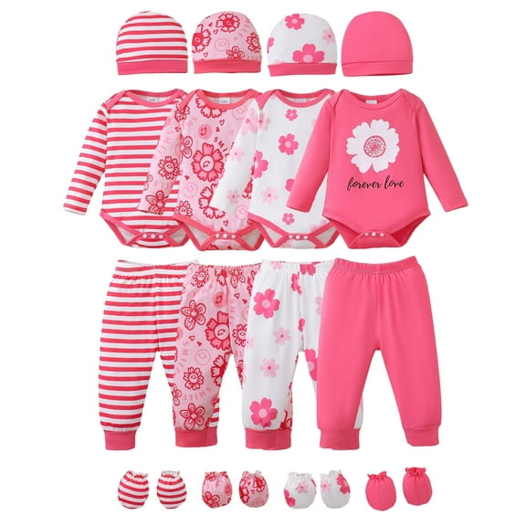 KIMI BEAR Newborn Baby Girls Layette Set 4 Packs 3-6 Months Winter Clothes Outfits Long Sleeves Romper Top Pants Gloves Hats 16 Piece Essentials Accessories Clothing Gift Sets Pink