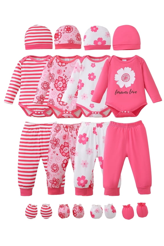 Newborn Baby Girls Layette Set 4 Packs 3-6 Months Winter Clothes Outfits Long Sleeves Romper Top Pants Gloves Hats 16 Piece Essentials Accessories Clothing Gift Sets Pink
