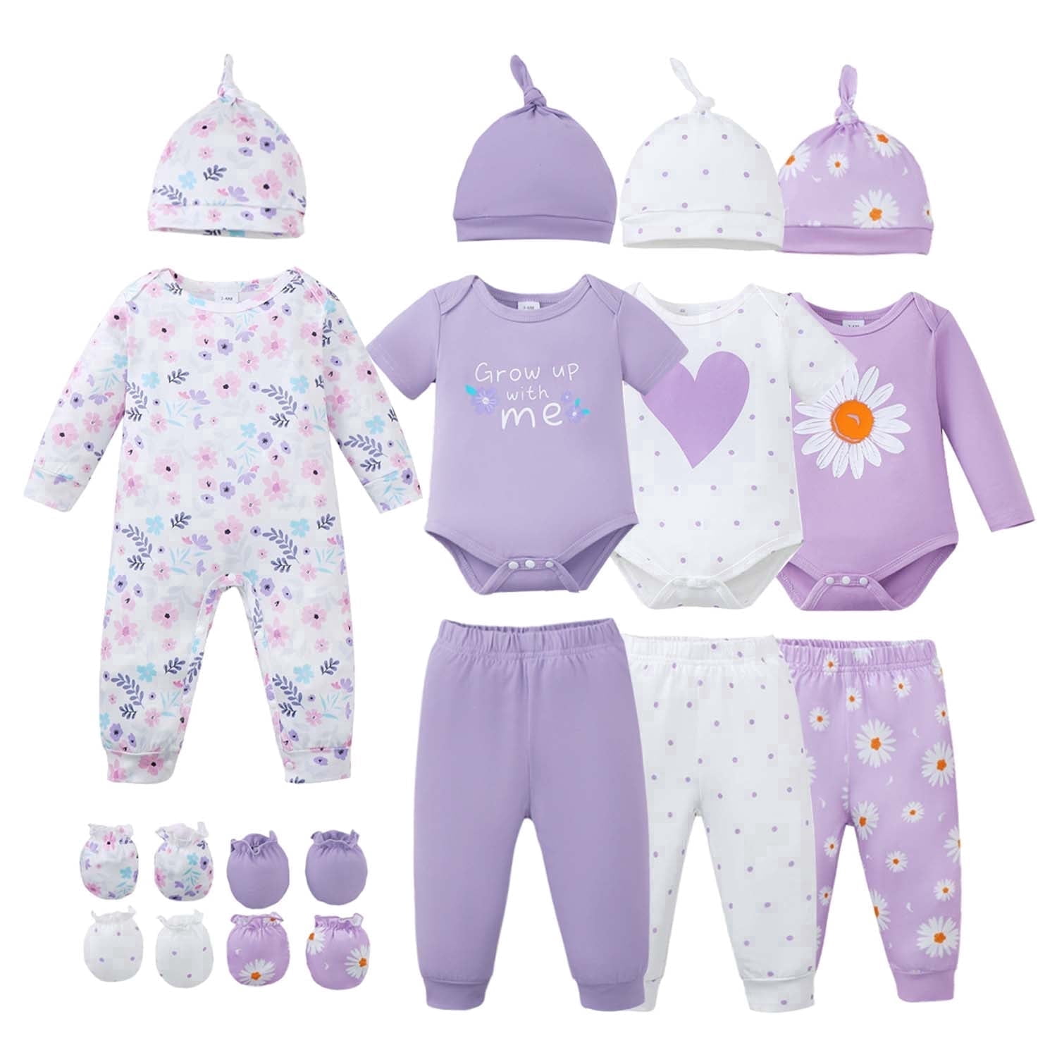 KIMI BEAR Newborn Baby Girls Layette Set 4 Packs 6-12 Months Shower Gifts Essential Clothing Short Sleeves Long Sleeves Romper Top Pants and Bodysuit with Hats and Gloves 15pcs Clothes Purple