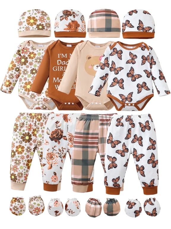 KIMI BEAR Newborn Baby Girls Layette Set 4 Packs 6-9 Months Winter Clothes Outfits Long Sleeves Romper Top Pants Gloves Hats 16 Piece Essentials Accessories Clothing Gift Sets Brown