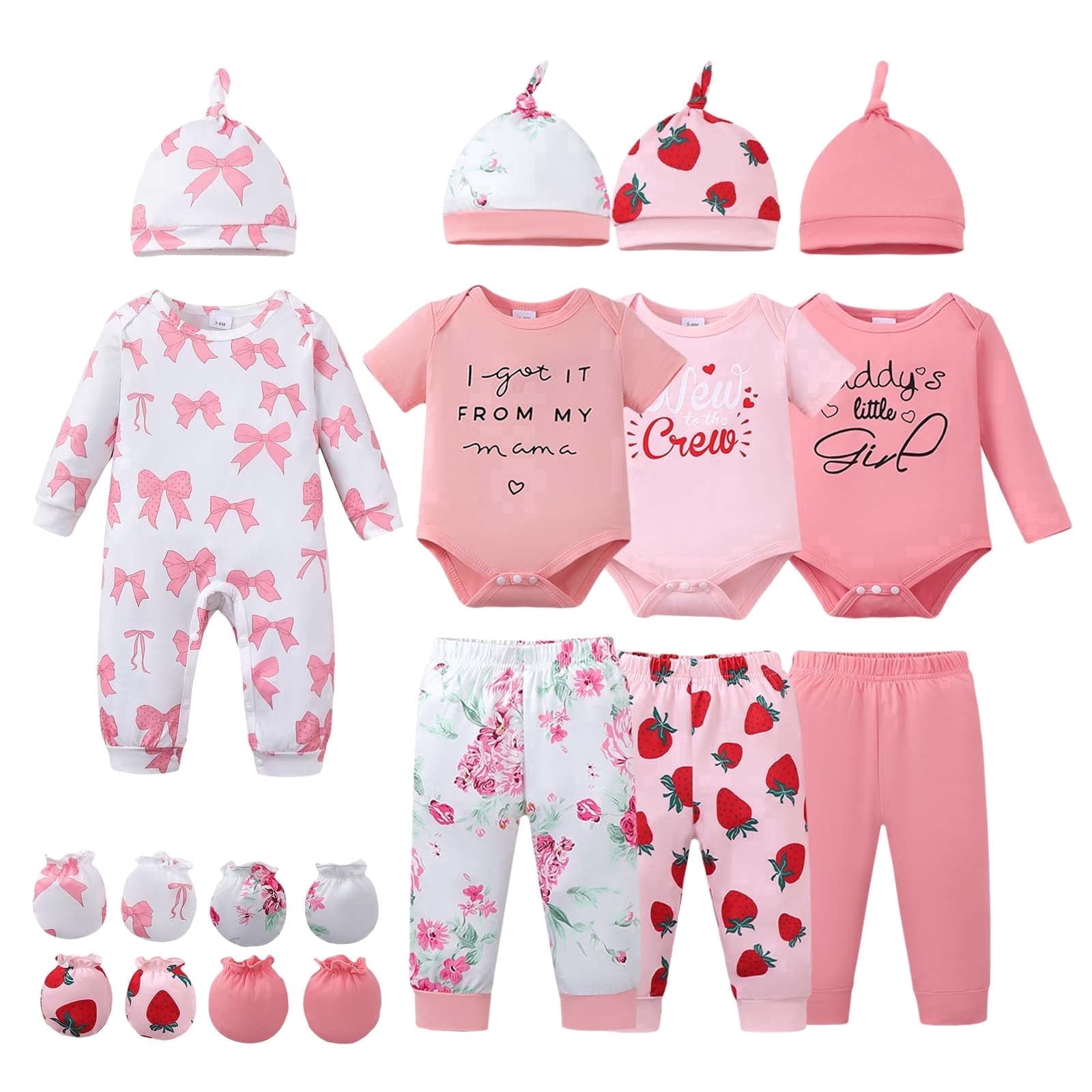 KIMI BEAR Newborn Baby Girls Layette Set 4 Packs Shower Gifts Essential Clothing Short Sleeves Long Sleeves Romper Top Pants and Bodysuit with Hats and Gloves 15pcs Clothes Pink NB