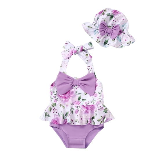 KIMI BEAR Newborn Baby Girls One-piece Swimsuits 0-3 Months Summer Bathing Suits Off the Shoulder Sleeveless Halter Bow Floral Beach Wear Holiday Rash Guard with Headband 2pcs Purple