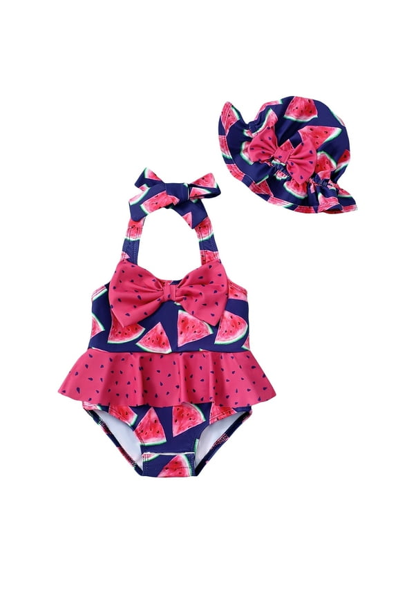 Newborn Baby Girls One-piece Swimsuits 0-3 Months Summer Bathing Suits Off the Shoulder Sleeveless Halter Bow Watermelon Beach Wear Holiday Rash Guard with Headband 2pcs Pink