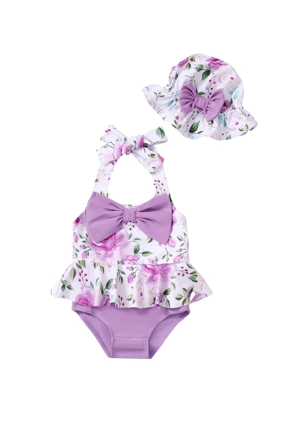 Newborn Baby Girls One-piece Swimsuits 3-6 Months Summer Bathing Suits Off the Shoulder Sleeveless Halter Bow Floral Beach Wear Holiday Rash Guard with Headband 2pcs Purple