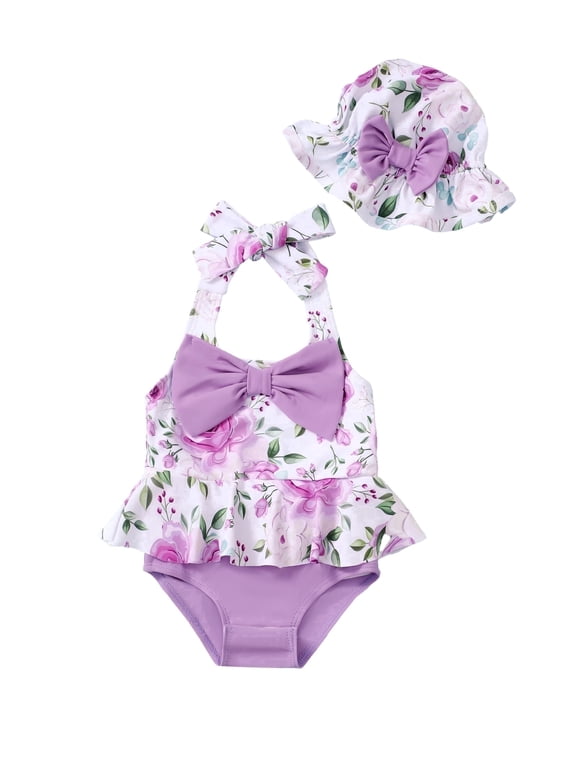 Newborn Baby Girls One-piece Swimsuits 3-6 Months Summer Bathing Suits Off the Shoulder Sleeveless Halter Bow Floral Beach Wear Holiday Rash Guard with Headband 2pcs Purple