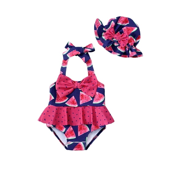 KIMI BEAR Newborn Baby Girls One-piece Swimsuits 3-6 Months Summer Bathing Suits Off the Shoulder Sleeveless Halter Bow Watermelon Beach Wear Holiday Rash Guard with Headband 2pcs Pink