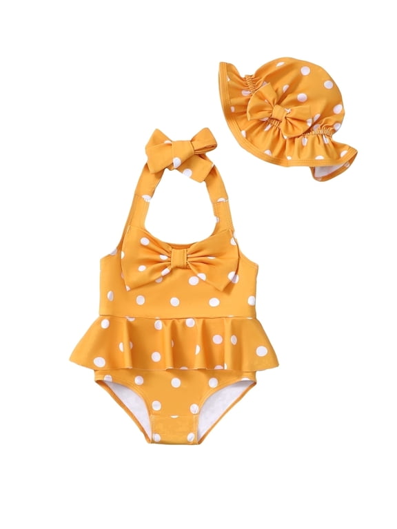 Newborn Baby Girls One-piece Swimsuits 6-12 Months Summer Bathing Suits Off the Shoulder Sleeveless Halter Bow Dots Beach Wear Holiday Rash Guard with Headband 2pcs Yellow